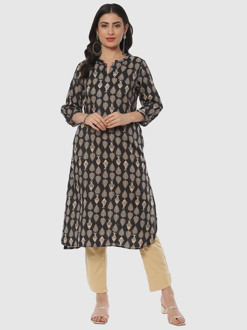 Biba Black Cotton Printed Straight Kurta