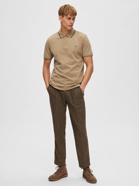 SELECTED HOMME Light Brown Cotton Regular Fit Polo T-Shirt
