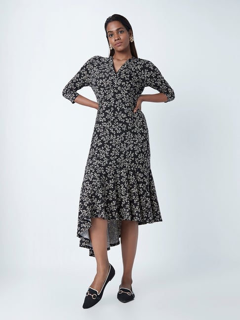 Wardrobe by Westside Black Floral Dress With Asymmetric Hem Price in India