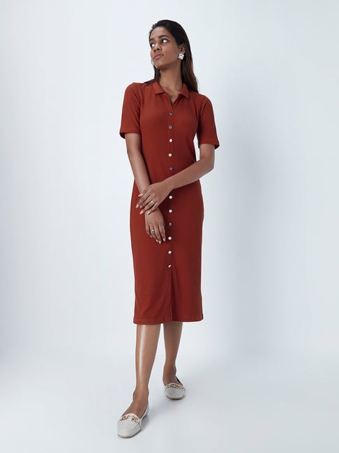 Wardrobe by Westside Rust Ribbed Shirtdress Price in India