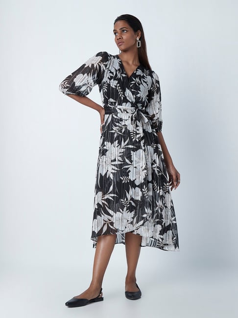 Wardrobe by Westside Black Floral Print Dress With Belt Price in India