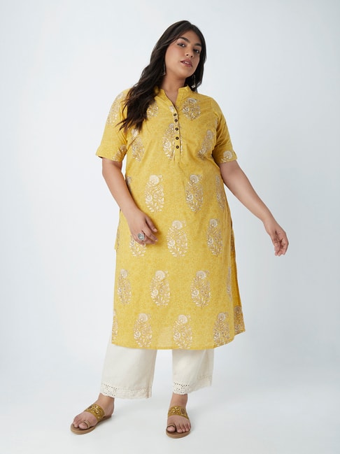 Diza Curves by Westside Mustard Floral Design Straight Kurta Price in India