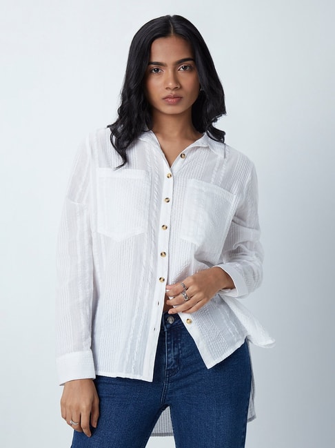 LOV by Westside White Cotton High-Low Shirt Price in India