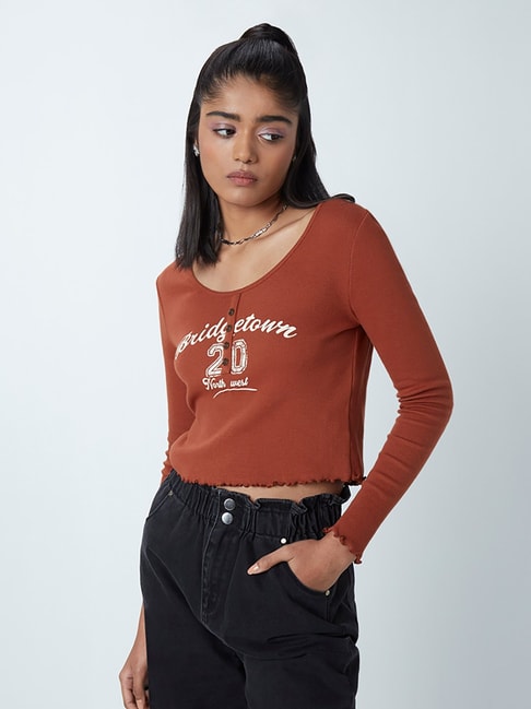 Nuon by Westside Rust Typographic Design Crop Top Price in India