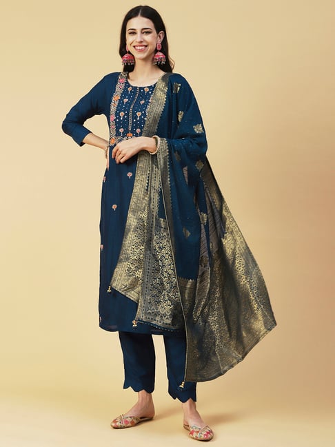 Fashor Blue Embroidered Kurta Pant Set With Dupatta Price in India