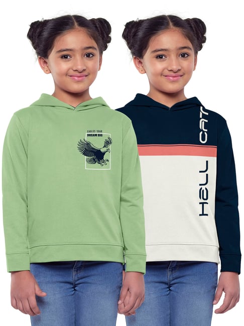 HELLCAT Green & Blue Printed Full Sleeves Sweatshirt(Pack Of 2)