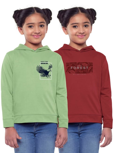 HELLCAT Green & Maroon Printed Full Sleeves Sweatshirt(Pack Of 2)