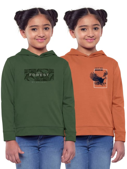 HELLCAT Green & Orange Printed Full Sleeves Sweatshirt(Pack Of 2)