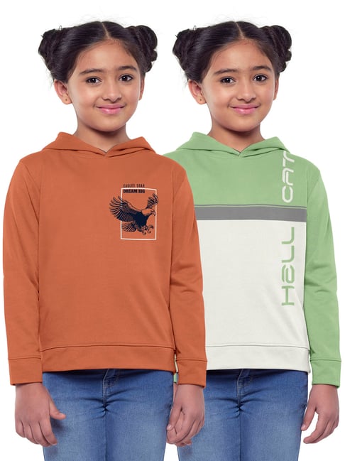 HELLCAT Orange & Green Printed Full Sleeves Sweatshirt(Pack Of 2)
