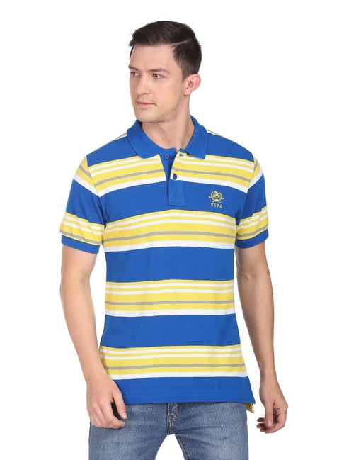 U S Polo Assn U.S. Polo Assn. Blue & Yellow Cotton Regular Fit Striped Polo T-Shirt