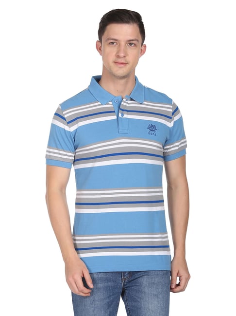 U S Polo Assn U.S. Polo Assn. Light Blue Cotton Regular Fit Striped Polo T-Shirt