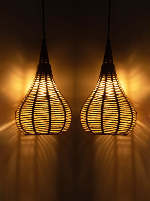 ExclusiveLane Beige Iron Marvels Handwoven Conical Hanging Pendant Lamp - Set of 2