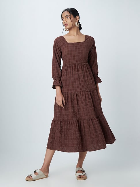 LOV by Westside Dark Brown Self-Patterned Tiered Dress Price in India