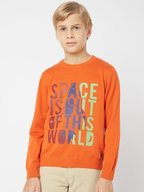 GAS Kids Orange Cotton Printed Full Sleeves Sweater