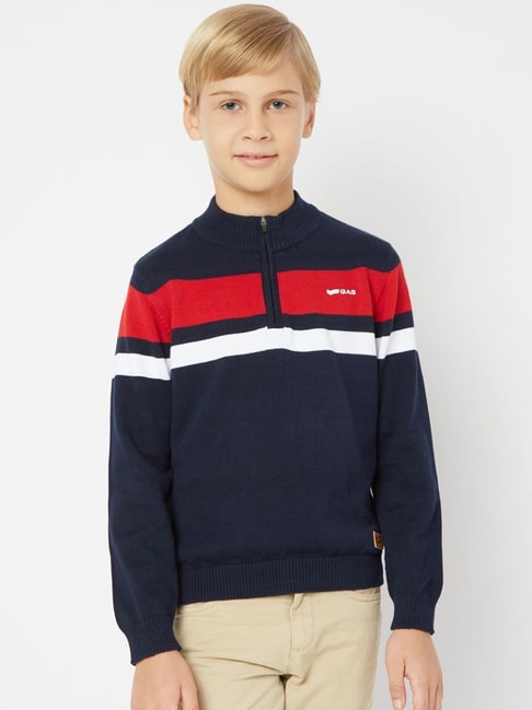 GAS Kids Navy & Red Cotton Striped Full Sleeves Sweater