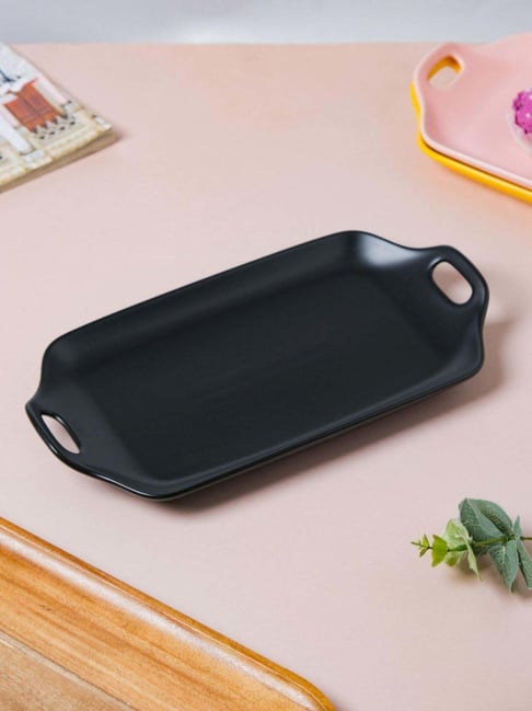 Nestasia Black Rectangular Ceramic Long Plate With Handles for Baking  Serving Snacks inch)