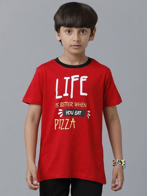 Under Fourteen Only Boys Red Cotton Printed T-Shirt