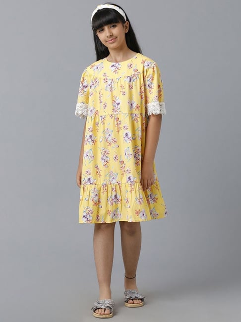 Under Fourteen Only Kids Yellow Cotton Floral Print Dress-picture-10