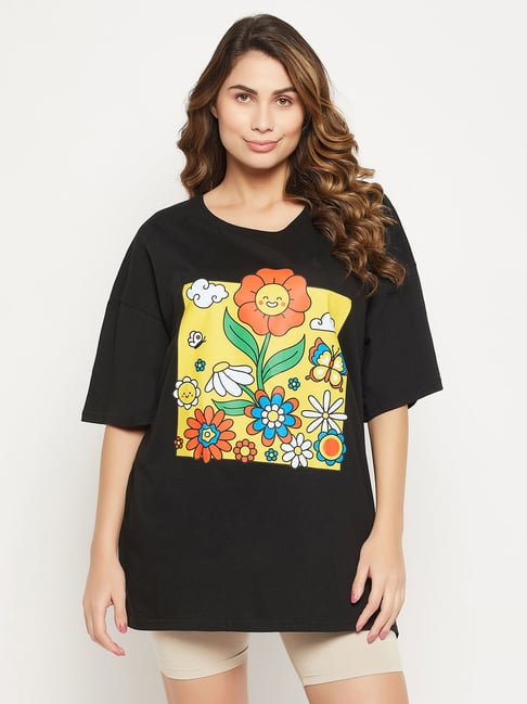 Clovia Black Cotton Printed Oversized T-Shirt