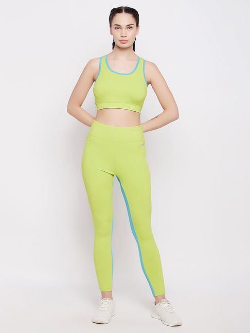 Clovia Neon Green Polyester Slim Fit Sports Bra With Tights