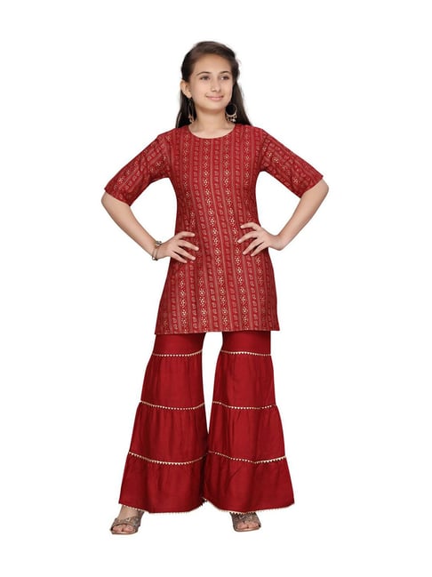Aarika Kids Maroon Cotton Printed Kurti Set-picture-19