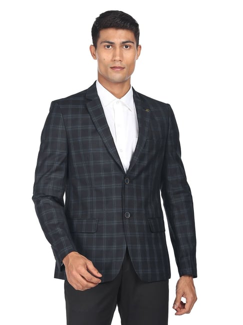 AD by Arvind Dark Grey Regular Fit Notch Lapel Check Blazer