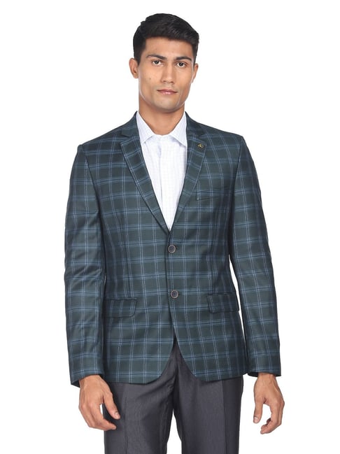 AD by Arvind Green Regular Fit Notch Lapel Check Blazer