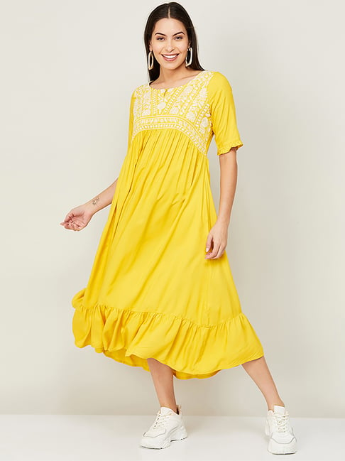Colour Me by Melange Yellow Embroidered A-Line Dress Price in India