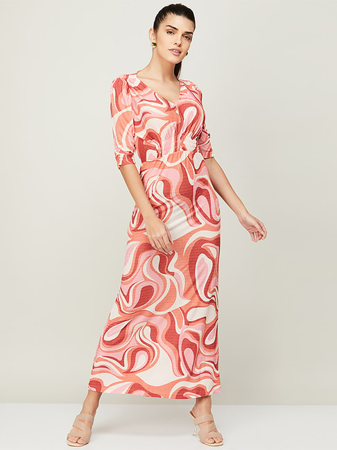 Code by Lifestyle Coral & Pink Printed Maxi Dress Price in India