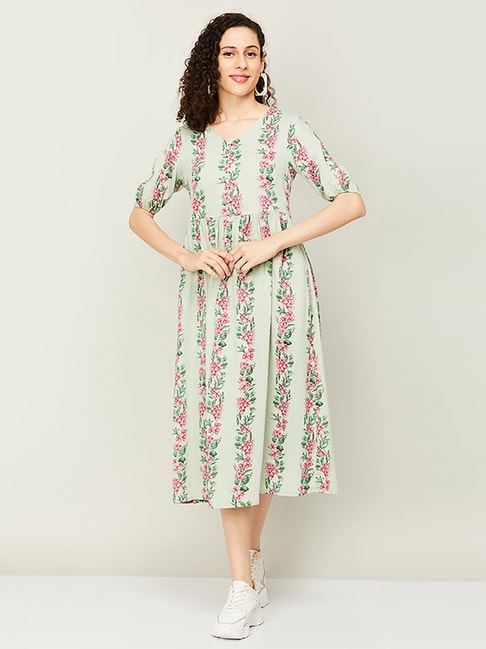 Colour Me by Melange Green Floral Print A-Line Dress Price in India
