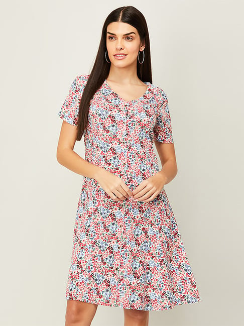 Fame Forever by Lifestyle Blue & Red Floral Print A-Line Dress Price in India