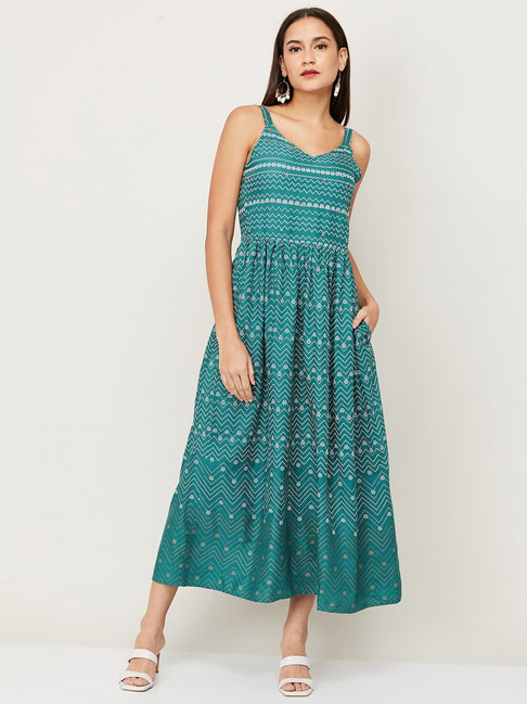 Colour Me by Melange Teal Green Printed A-Line Dress Price in India
