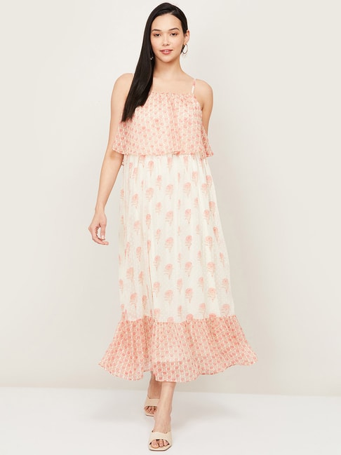 Colour Me by Melange Off-White & Pink Floral Print A-Line Dress Price in India
