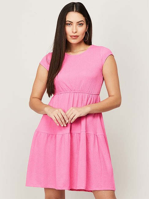 Fame Forever by Lifestyle Pink Cotton Self Pattern A-Line Dress Price in India