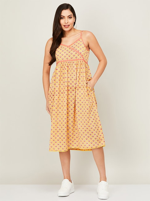 Colour Me by Melange Yellow Cotton Floral Print A-Line Dress Price in India
