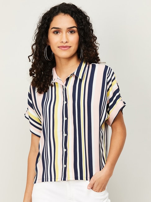 Ginger by Lifestyle Navy & Pink Striped Shirt Price in India