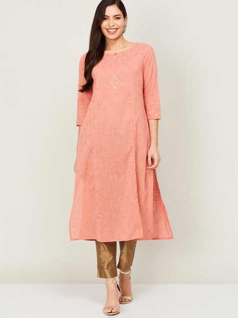 Melange by Lifestyle Pink Cotton Printed Straight Kurta Price in India