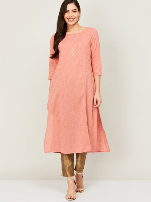 Melange by Lifestyle Pink Cotton Printed Straight Kurta