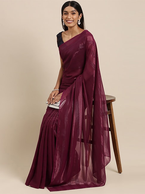 Saree Mall Purple Striped Saree With Unstitched Blouse Price in India