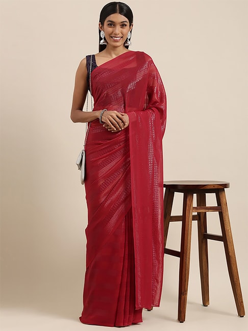 Saree Mall Red Striped Saree With Unstitched Blouse Price in India
