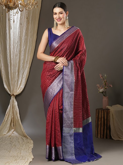 Saree Mall Maroon & Blue Silk Woven Saree With Unstitched Blouse Price in India