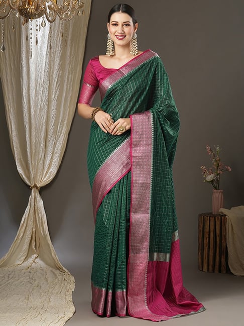 Saree Mall Green & Pink Silk Woven Saree With Unstitched Blouse Price in India