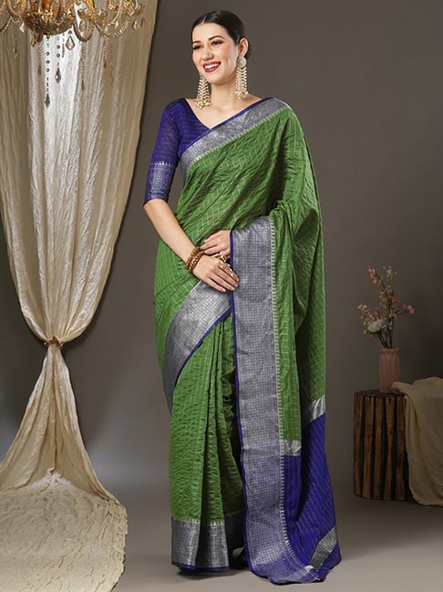 Saree Mall Green & Blue Silk Woven Saree With Unstitched Blouse Price in India