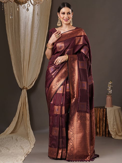 Saree Mall Maroon Silk Woven Saree With Unstitched Blouse Price in India