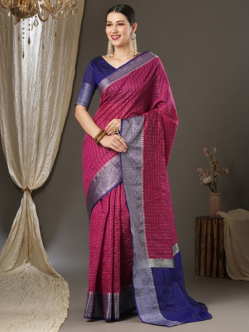 Saree Mall Pink & Blue Silk Woven Saree With Unstitched Blouse Price in India