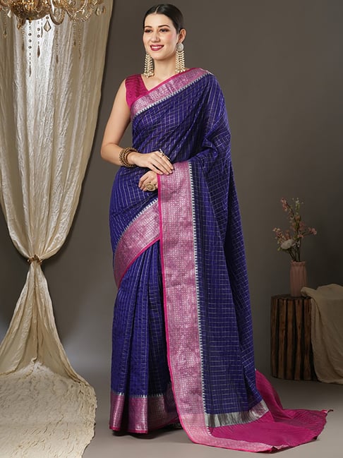 Saree Mall Blue & Pink Silk Woven Saree With Unstitched Blouse Price in India