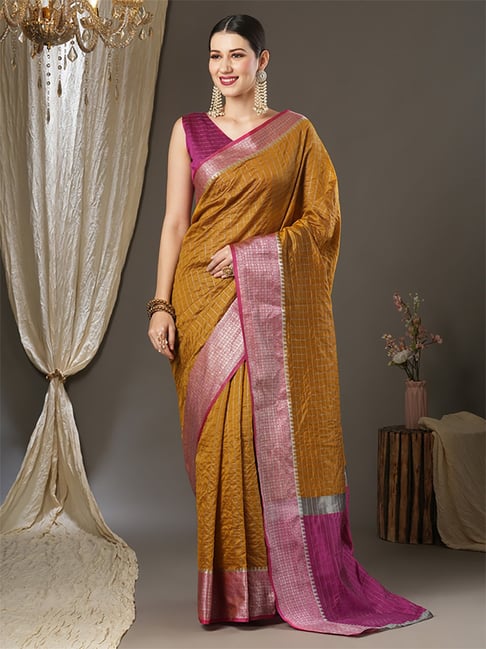 Saree Mall Mustard & Pink Silk Woven Saree With Unstitched Blouse Price in India