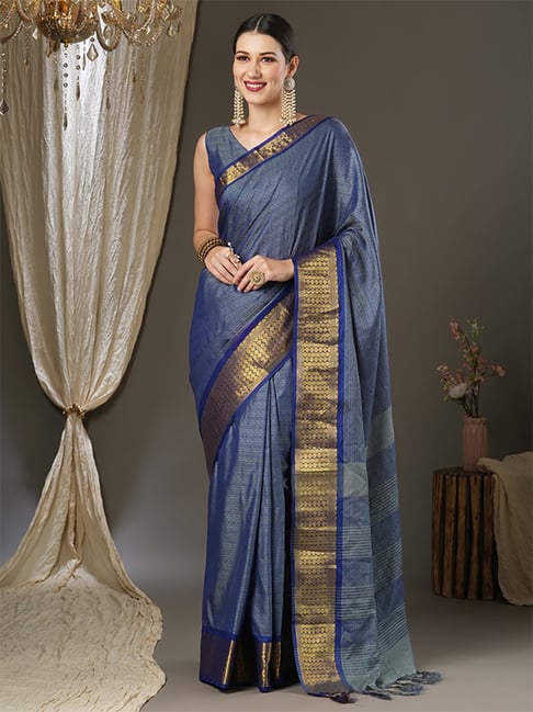 Saree Mall Blue Silk Woven Saree With Unstitched Blouse Price in India