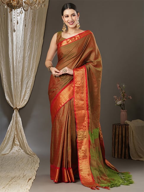 Saree Mall Orange & Green Silk Woven Saree With Unstitched Blouse Price in India