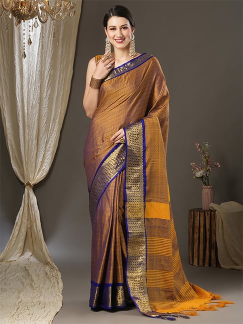 Saree Mall Mustard Silk Woven Saree With Unstitched Blouse Price in India